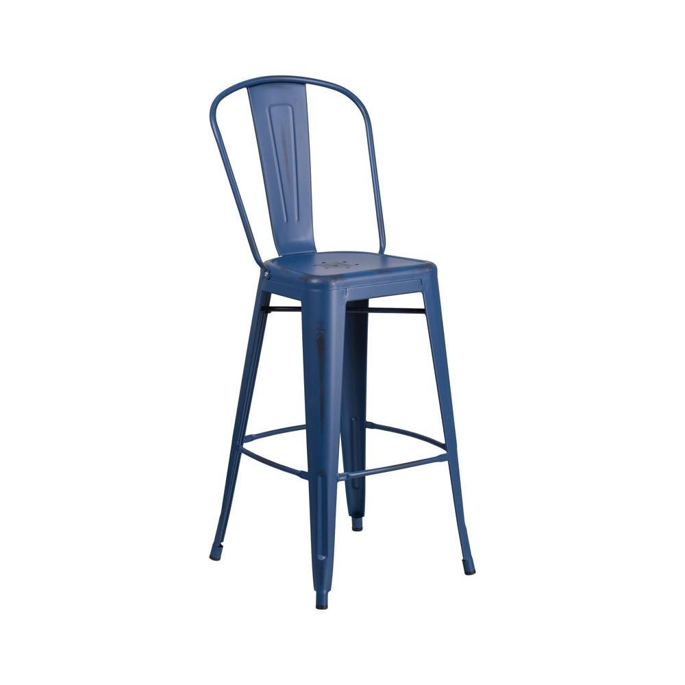 Commercial Grade 30" High Distressed Antique Blue Metal Indoor-Outdoor Barstool with Back