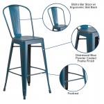 Commercial Grade 30" High Distressed Antique Blue Metal Indoor-Outdoor Barstool with Back