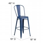 Commercial Grade 30" High Distressed Antique Blue Metal Indoor-Outdoor Barstool with Back