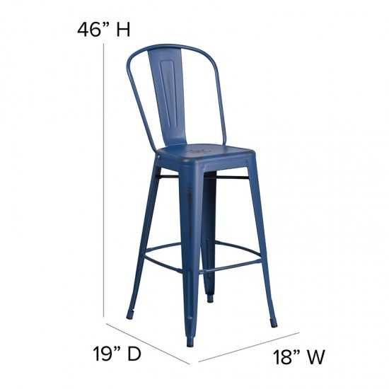 Commercial Grade 30" High Distressed Antique Blue Metal Indoor-Outdoor Barstool with Back