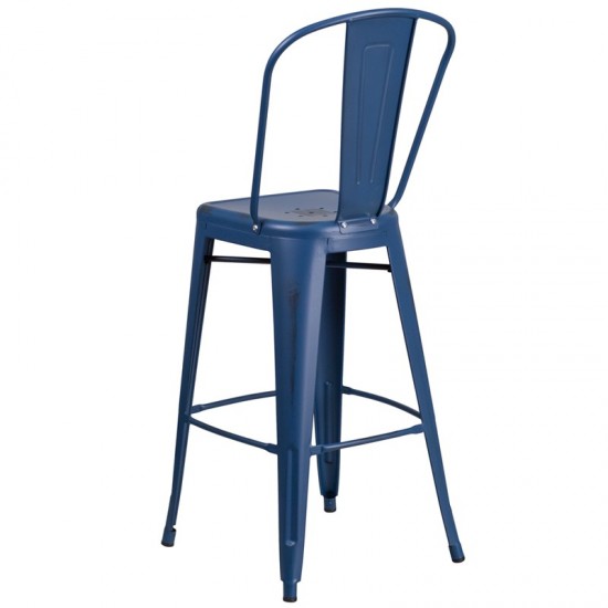 Commercial Grade 30" High Distressed Antique Blue Metal Indoor-Outdoor Barstool with Back