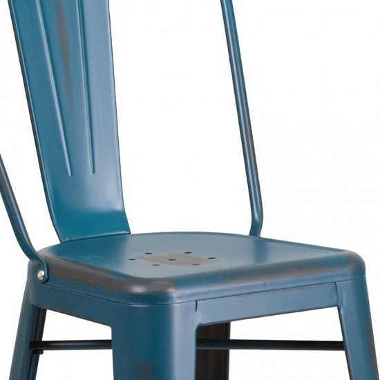 Commercial Grade 30" High Distressed Antique Blue Metal Indoor-Outdoor Barstool with Back