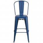 Commercial Grade 30" High Distressed Antique Blue Metal Indoor-Outdoor Barstool with Back