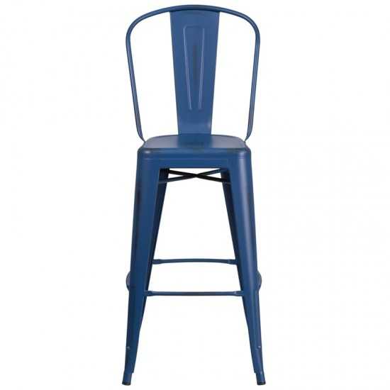 Commercial Grade 30" High Distressed Antique Blue Metal Indoor-Outdoor Barstool with Back