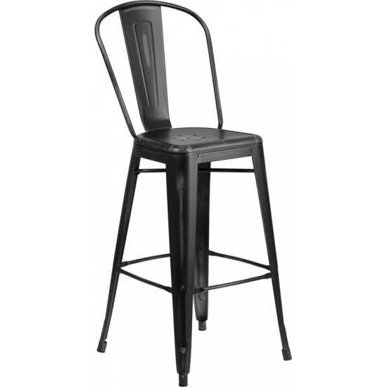 Commercial Grade 30" High Distressed Black Metal Indoor-Outdoor Barstool with Back