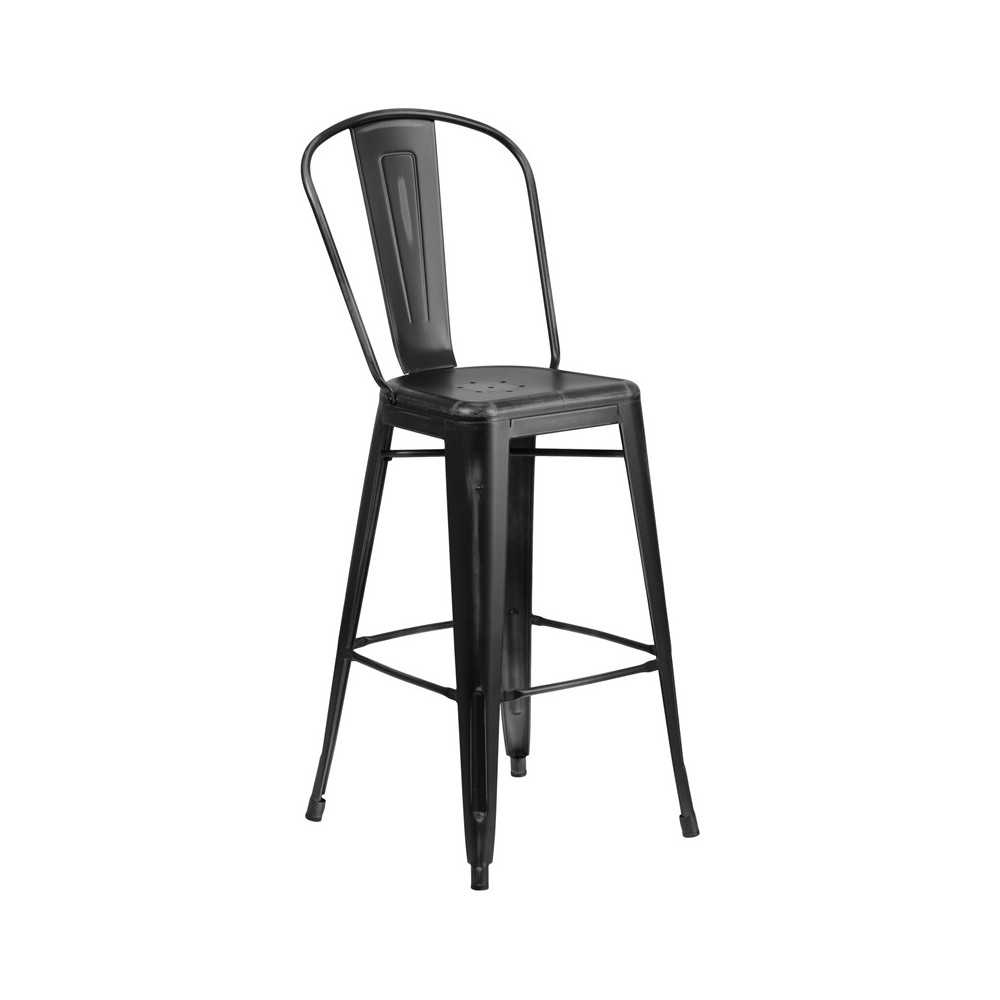 Commercial Grade 30" High Distressed Black Metal Indoor-Outdoor Barstool with Back