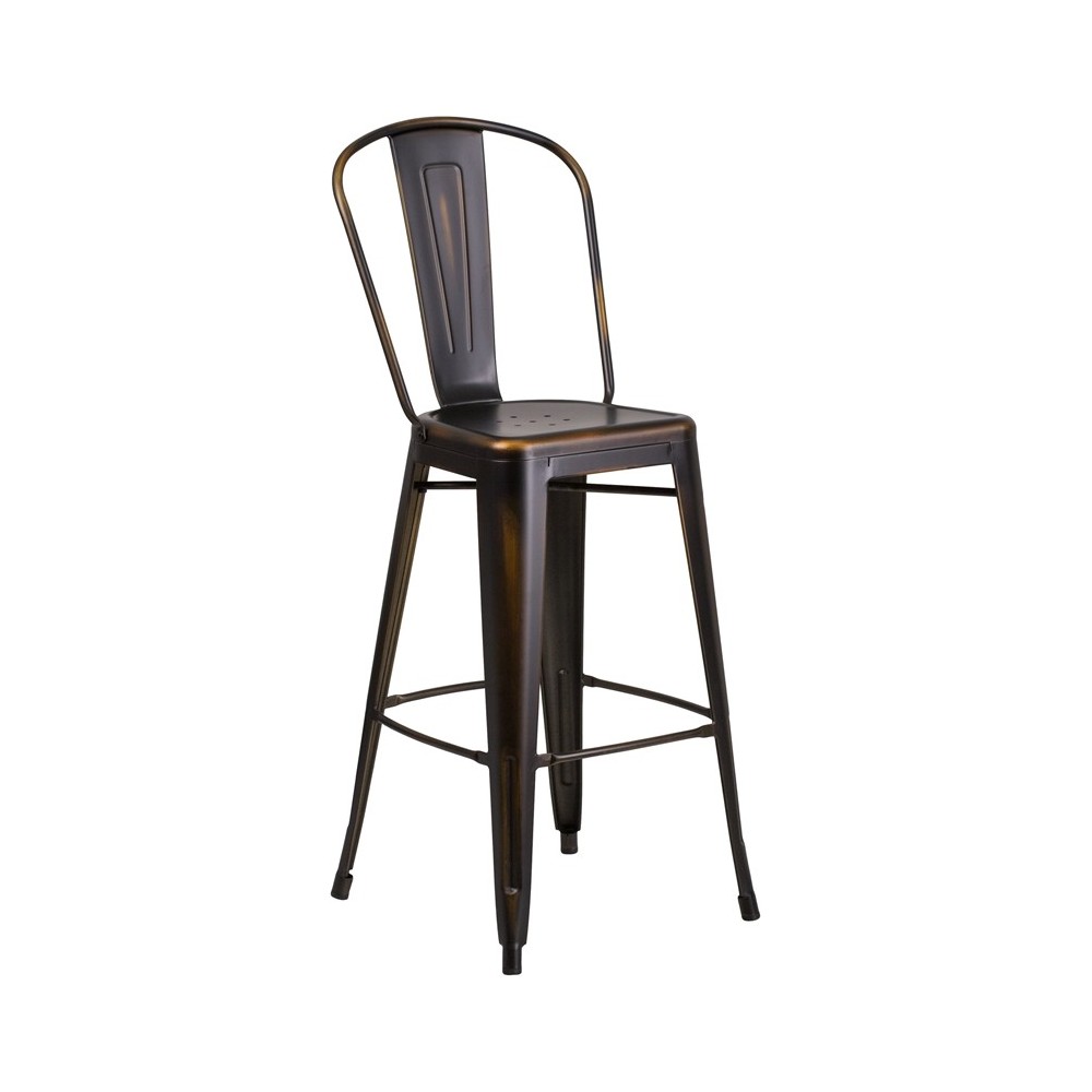 Commercial Grade 30" High Distressed Copper Metal Indoor-Outdoor Barstool with Back