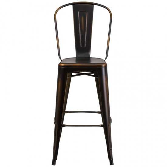 Commercial Grade 30" High Distressed Copper Metal Indoor-Outdoor Barstool with Back