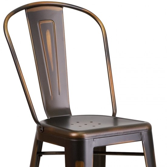 Commercial Grade 30" High Distressed Copper Metal Indoor-Outdoor Barstool with Back