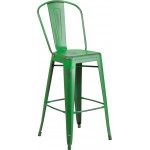 Commercial Grade 30" High Distressed Green Metal Indoor-Outdoor Barstool with Back