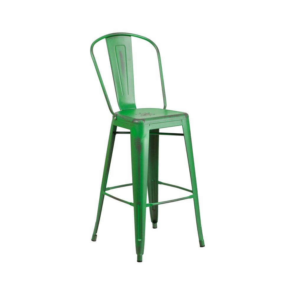 Commercial Grade 30" High Distressed Green Metal Indoor-Outdoor Barstool with Back