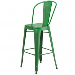 Commercial Grade 30" High Distressed Green Metal Indoor-Outdoor Barstool with Back