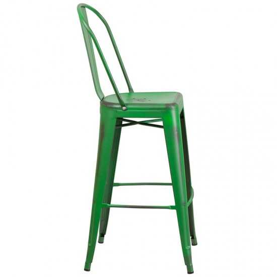 Commercial Grade 30" High Distressed Green Metal Indoor-Outdoor Barstool with Back