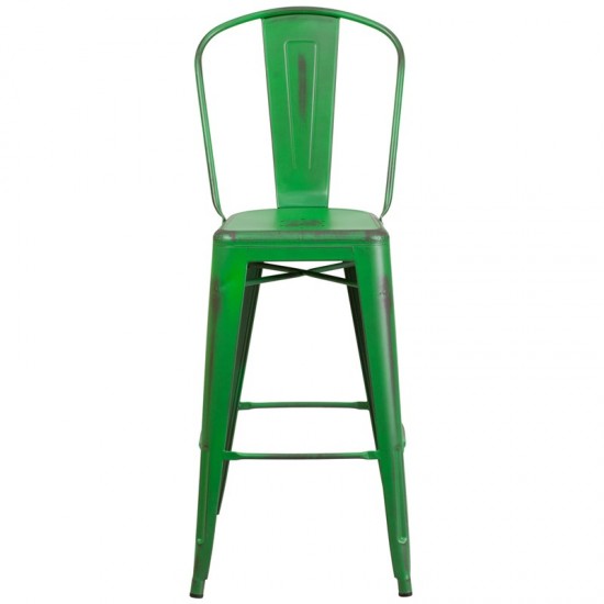 Commercial Grade 30" High Distressed Green Metal Indoor-Outdoor Barstool with Back