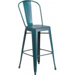 Commercial Grade 30" High Distressed Kelly Blue-Teal Metal Indoor-Outdoor Barstool with Back