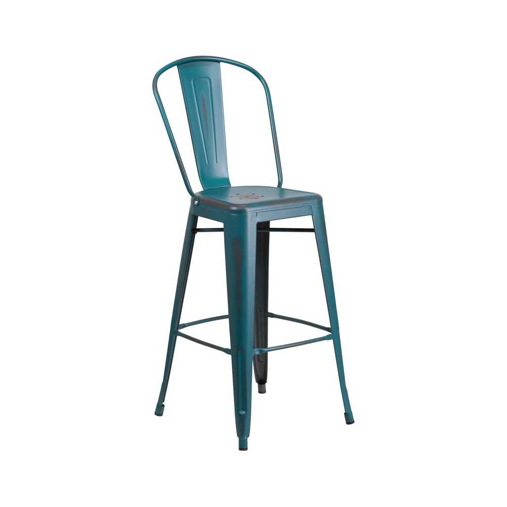 Commercial Grade 30" High Distressed Kelly Blue-Teal Metal Indoor-Outdoor Barstool with Back