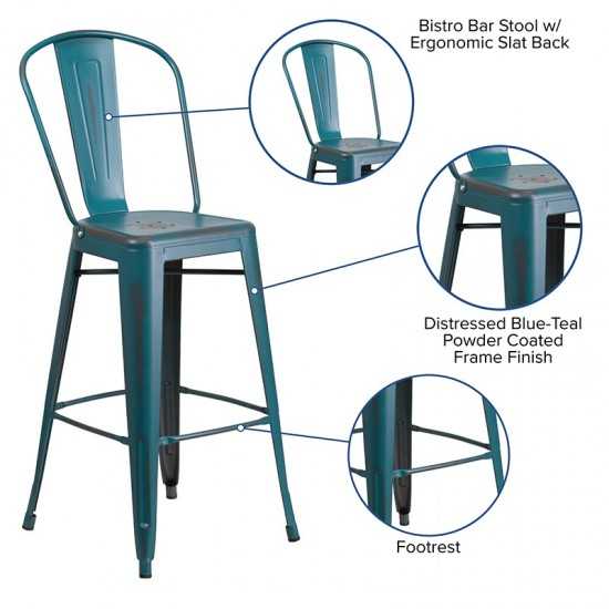 Commercial Grade 30" High Distressed Kelly Blue-Teal Metal Indoor-Outdoor Barstool with Back