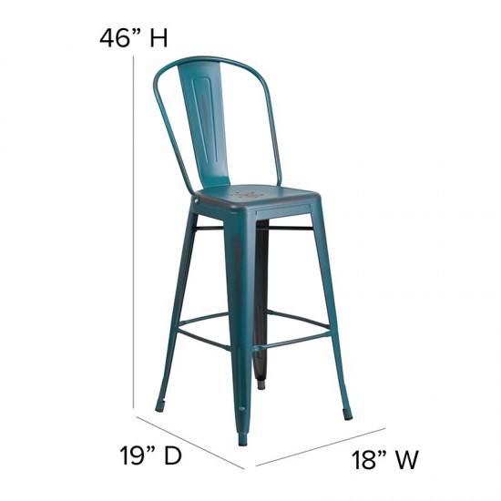 Commercial Grade 30" High Distressed Kelly Blue-Teal Metal Indoor-Outdoor Barstool with Back