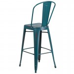 Commercial Grade 30" High Distressed Kelly Blue-Teal Metal Indoor-Outdoor Barstool with Back