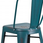 Commercial Grade 30" High Distressed Kelly Blue-Teal Metal Indoor-Outdoor Barstool with Back