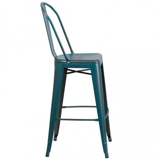 Commercial Grade 30" High Distressed Kelly Blue-Teal Metal Indoor-Outdoor Barstool with Back