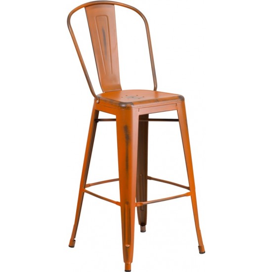 Commercial Grade 30" High Distressed Orange Metal Indoor-Outdoor Barstool with Back