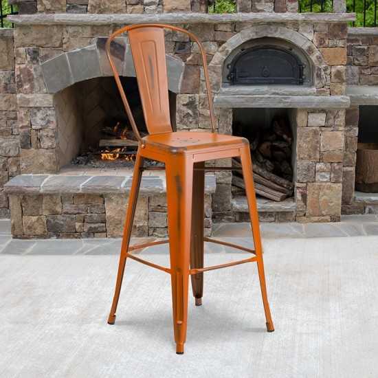 Commercial Grade 30" High Distressed Orange Metal Indoor-Outdoor Barstool with Back