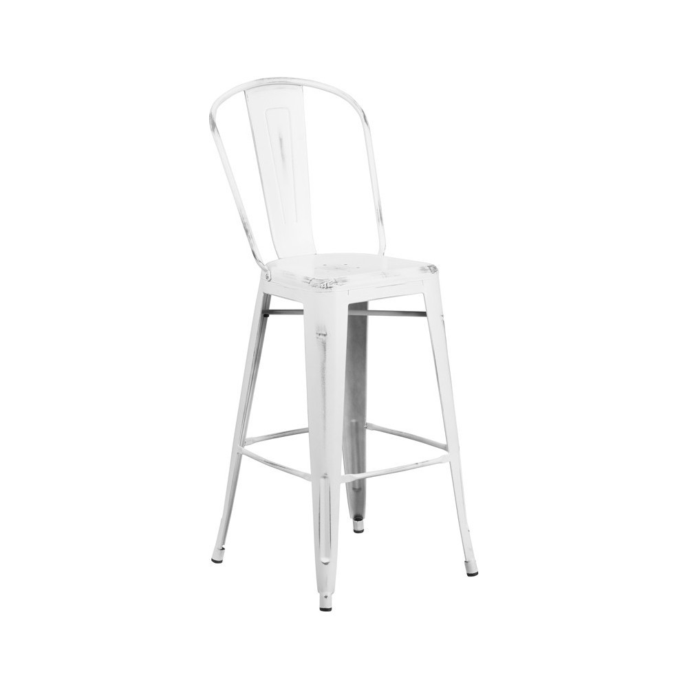 Commercial Grade 30" High Distressed White Metal Indoor-Outdoor Barstool with Back