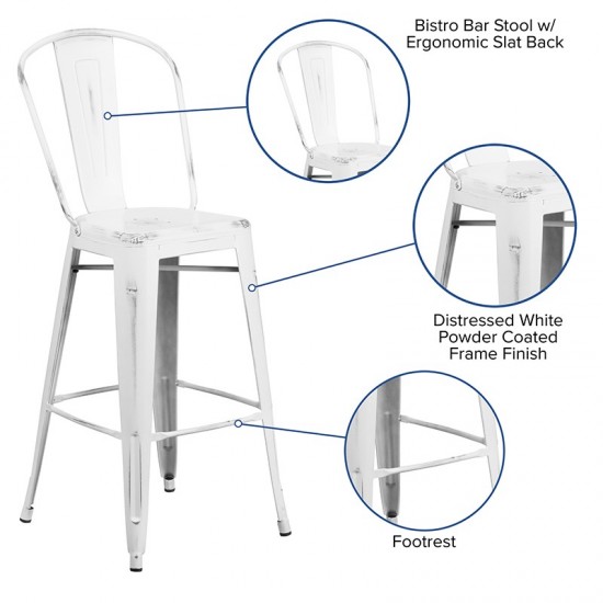 Commercial Grade 30" High Distressed White Metal Indoor-Outdoor Barstool with Back