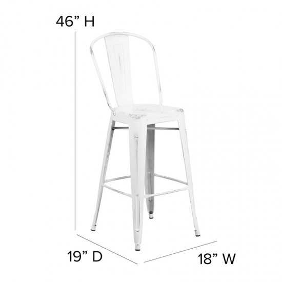 Commercial Grade 30" High Distressed White Metal Indoor-Outdoor Barstool with Back