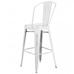 Commercial Grade 30" High Distressed White Metal Indoor-Outdoor Barstool with Back