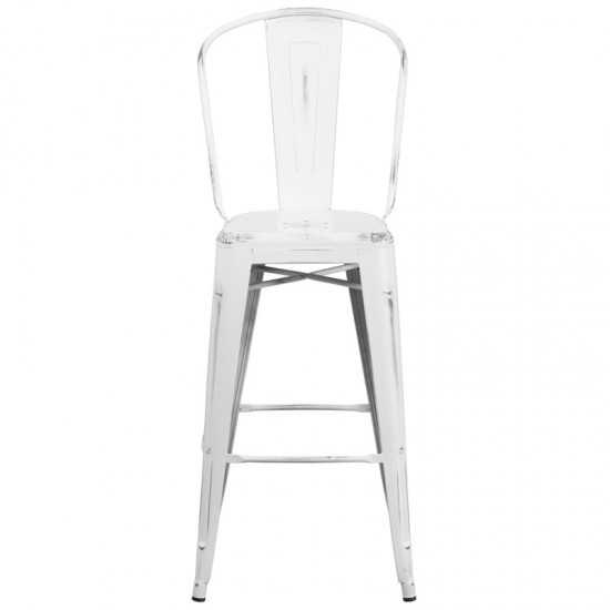 Commercial Grade 30" High Distressed White Metal Indoor-Outdoor Barstool with Back