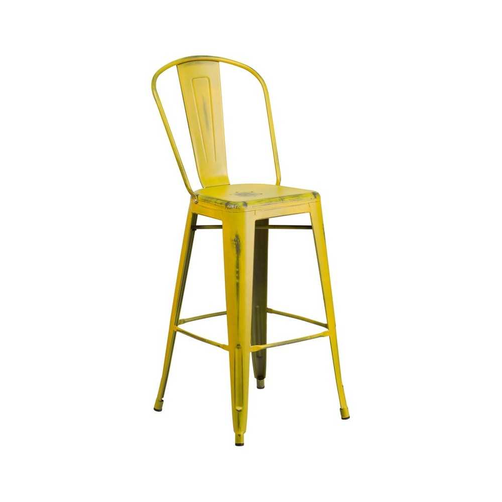 Commercial Grade 30" High Distressed Yellow Metal Indoor-Outdoor Barstool with Back Commercial Grade 30" High Distressed Yellow Metal Indoor-Outdoor Barstool with Back
