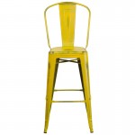 Commercial Grade 30" High Distressed Yellow Metal Indoor-Outdoor Barstool with Back