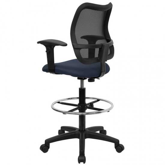 Mid-Back Navy Blue Mesh Drafting Chair with Adjustable Arms