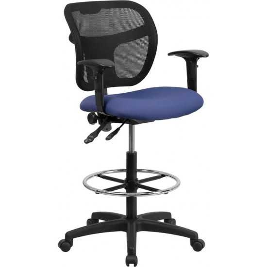 Mid-Back Navy Blue Mesh Drafting Chair with Back Height Adjustment and Adjustable Arms