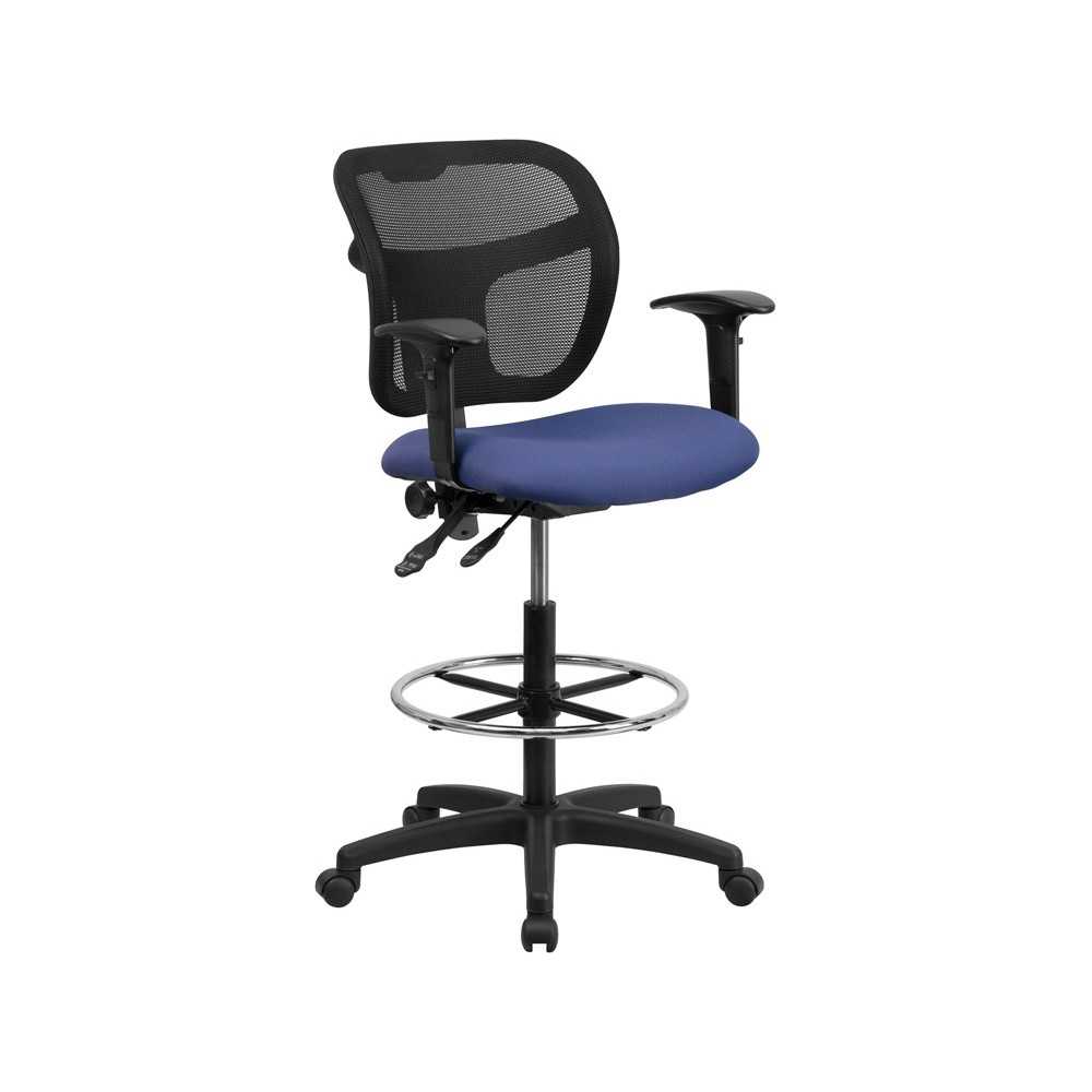 Mid-Back Navy Blue Mesh Drafting Chair with Back Height Adjustment and Adjustable Arms