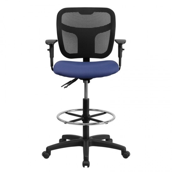 Mid-Back Navy Blue Mesh Drafting Chair with Back Height Adjustment and Adjustable Arms