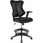 High Back Designer Black Mesh Drafting Chair with LeatherSoft Sides and Adjustable Arms