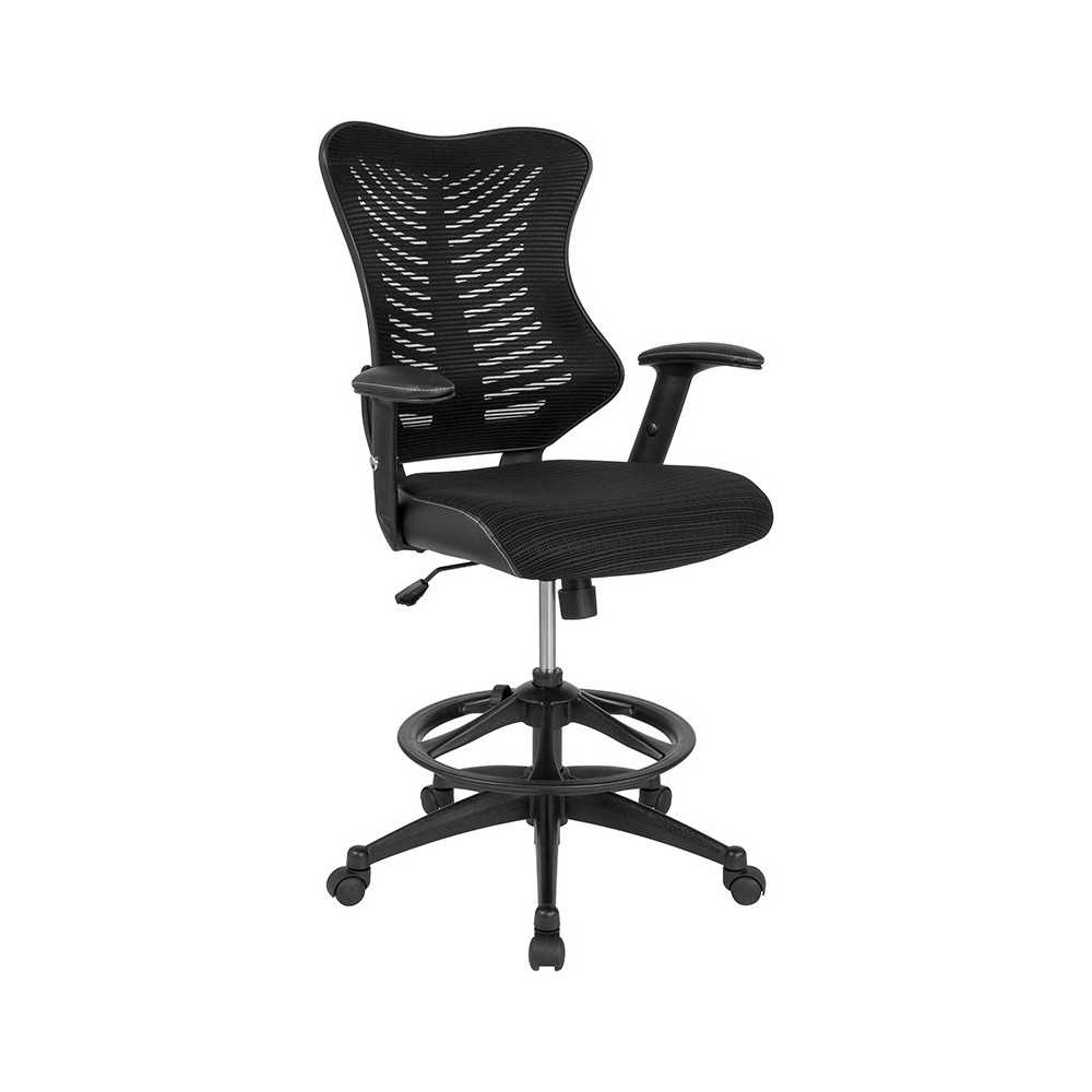 High Back Designer Black Mesh Drafting Chair with LeatherSoft Sides and Adjustable Arms