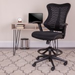 High Back Designer Black Mesh Drafting Chair with LeatherSoft Sides and Adjustable Arms