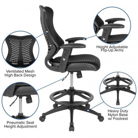 High Back Designer Black Mesh Drafting Chair with LeatherSoft Sides and Adjustable Arms