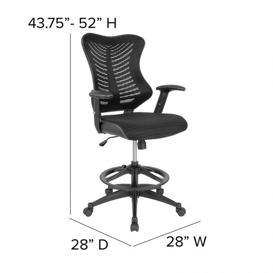 High Back Designer Black Mesh Drafting Chair with LeatherSoft Sides and Adjustable Arms