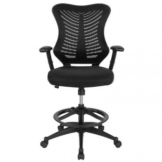 High Back Designer Black Mesh Drafting Chair with LeatherSoft Sides and Adjustable Arms