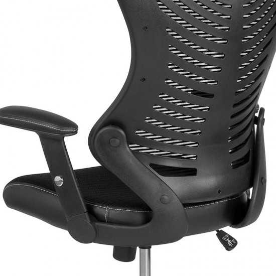 High Back Designer Black Mesh Drafting Chair with LeatherSoft Sides and Adjustable Arms