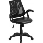 Mid-Back Designer Black Mesh Swivel Task Office Chair with LeatherSoft Seat and Open Arms