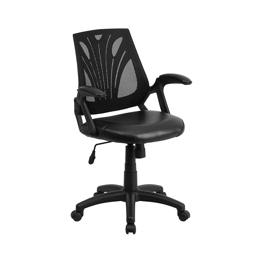 Mid-Back Designer Black Mesh Swivel Task Office Chair with LeatherSoft Seat and Open Arms Mid-Back Designer Black Mesh Swivel Task Office Chair with LeatherSoft Seat and Open Arms