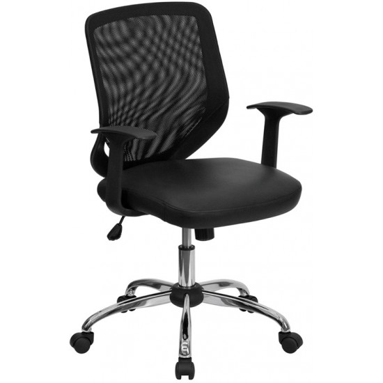 Mid-Back Black Mesh Tapered Back Swivel Task Office Chair with LeatherSoft Seat, Chrome Base and T-Arms