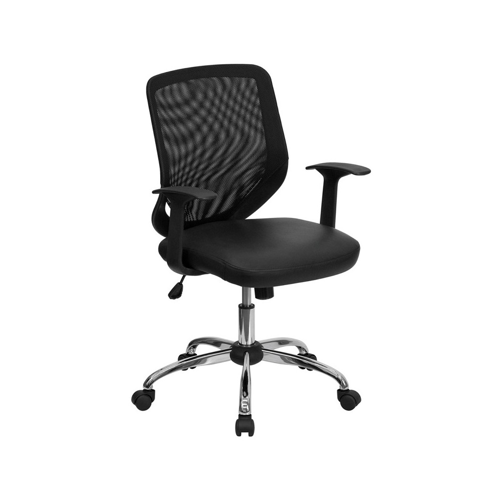 Mid-Back Black Mesh Tapered Back Swivel Task Office Chair with LeatherSoft Seat, Chrome Base and T-Arms