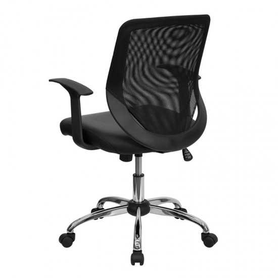 Mid-Back Black Mesh Tapered Back Swivel Task Office Chair with LeatherSoft Seat, Chrome Base and T-Arms